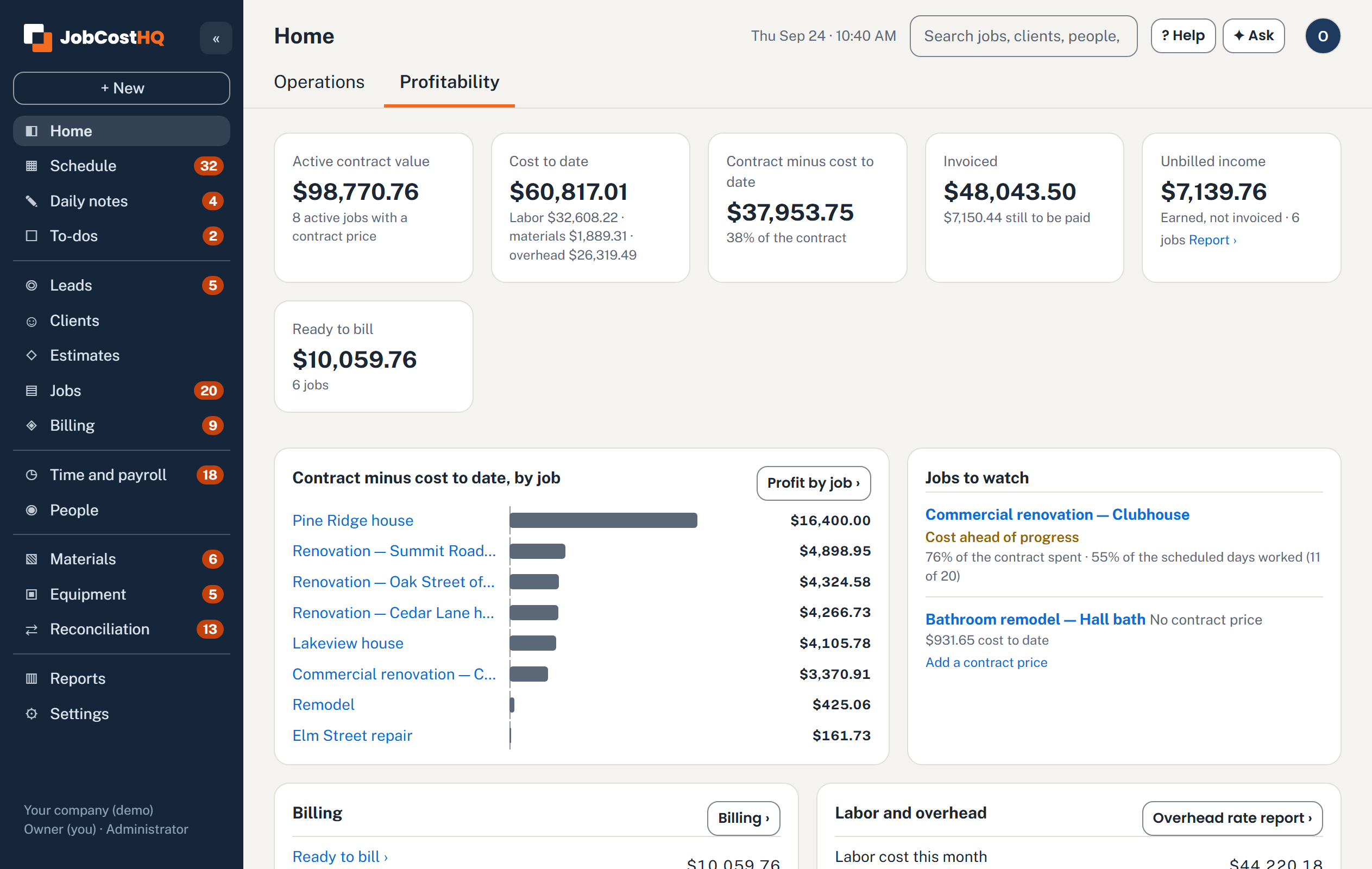 JobCostHQ Home: contract against cost to date for each job, and the jobs to watch